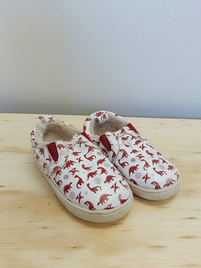White Red Dino slip ons