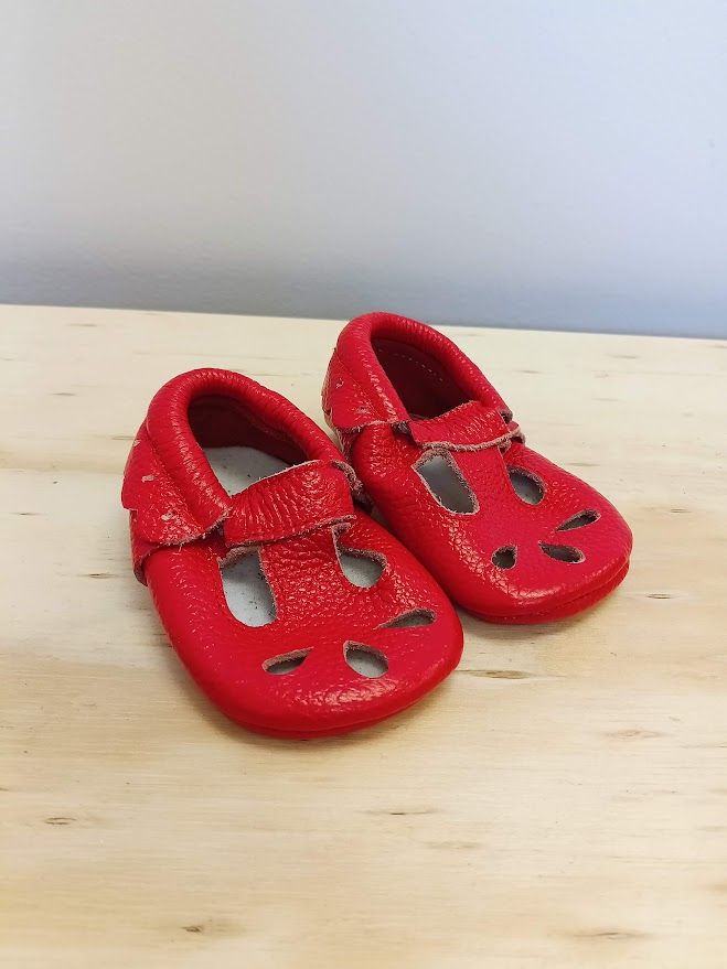 Girls red baby slip ons