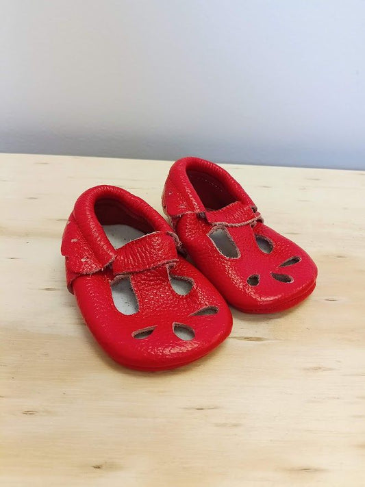 Girls red baby slip ons