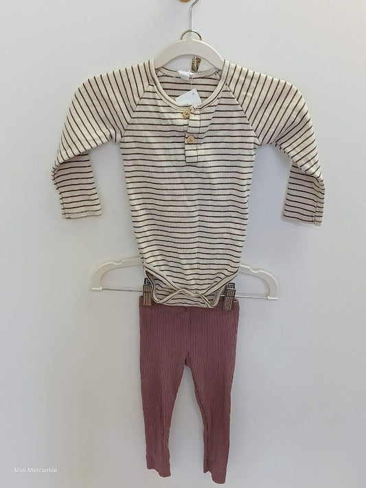 Beige Striped Onesie & Purple Pants